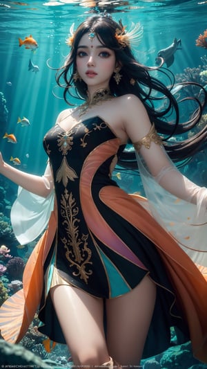 (masterpiece, top quality, best quality, official art, beautiful and aesthetic:1.2), (1girl), A beautiful girl wearing a beautiful transparent peach and black gown, underwater, god rays coming down, cinematic lighting, colorful various kinds of fishes swimming by, colorful ocean vegetation, contrast, extremely detailed,(abstract, fractal art:1.3), colorful flowing hair, magical, brightly light source, highest detailed, detailed_eyes, (underwater), Indian