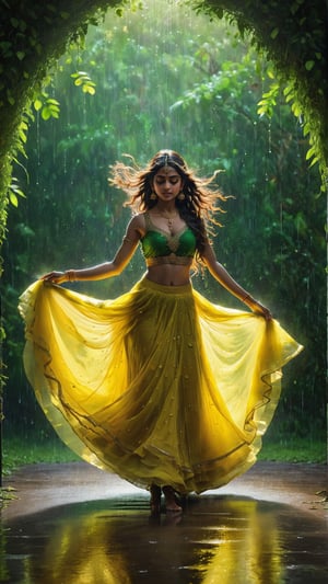 (masterpiece, best quality:1.2), 1girl, an Indian girl wearing a long flowing yellow lehenga and black choli, dancing in the heavy rain as if nobody is watching, long hair flowing, a painting depicting freedom and bliss, spotlight, light particles swirling, extremely detailed, dynamic background, 8k resolution, looking away, one nice light source over the face, greenery around, serene environment, bright green leaves shining, light reflecting from the droplets of rain, ultra-high resolution, photographic light, full body, illustration by MSchiffer, fairytale, sunbeams, best quality, best resolution, cinematic lighting, Hyper detailed, Hyper-realistic, masterpiece, atmospheric, high resolution, vibrant, dynamic studio lighting, wlop, Glenn Brown, Carne Griffiths, Alex Ross, artgerm and james jean, spotlight, fantasy, surreal,A girl dancing 