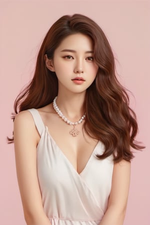 korean girl, 1girl, solo, brown hair, brown eyes, realistic, necklace, jewelry, long hair big waves, looking sideways, pearl necklace, white dress, looking at viewer, simple pastel pink orange background, lips 