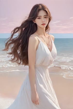 korean girl, 1girl, solo, brown hair, brown eyes, realistic, necklace, jewelry, long hair big waves, look back, pearl necklace, white dress, looking at viewer, simple pastel pink orange beach background, lips 