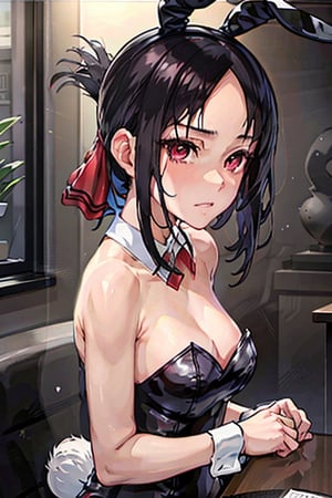 (playboy bunny:1.2), shinomiya_kaguya, red_ribbon, black_hair, folded_ponytail, hair_ribbon, deep red eyess, bangs, black_dress, eyebrows_visible_through_hair, sidelocks, bare forehead, expressionless, sitting, caustics, upper body