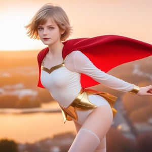 Full body photo of ellafreya, (masterpiece), (best quality:1.0), (ultra highres:1.0), detailed face and eyes, short blonde hair, flyingwhite leotard, long sleeves, gold belt, cleavage cutout, red cape, sky background, golden hour