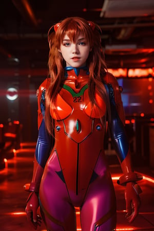 shirogane, 8K, blue eyes, nightclub background with a stripper pole and naked strippers, asuka cosplay, professional photo, photo, photorealism, modelshoot style, red plugsuit, bokeh