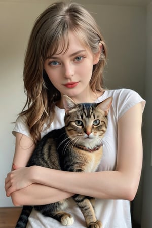 (masterpiece,  highest quality),  (realistic,  photo_realistic:1.9), ((full body: 1.5)), holding a cat, (detailed cat), staring into the camera. natural light,  hyper realistic photography, ellafreya