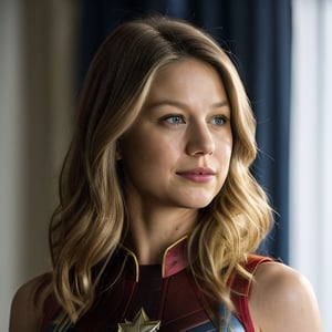 medium shot of Melissa Benoist, sks woman, captain marvel, (looking at the viewer), bright colours, blonde long hair, athletic body, hotel room background, bokeh, soft shadows, (midnight), sleeveless