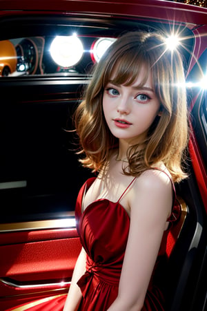 A (paparazzi) photo of a glamorous ellafreya, with a flowing red dress, stepping out of a luxury car at a movie premiere, full body framing, amidst a flurry of camera flashes and reporters, shot on a RED digital cinema camera with a lens flare effect, nsfw, (highly detailed face and eyes)
