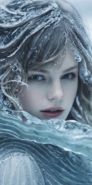 1 girl, made of ice, ice, ice background, moody, highly detailed, wavy_hair, ,ellafreya, (((medium shot photo)))