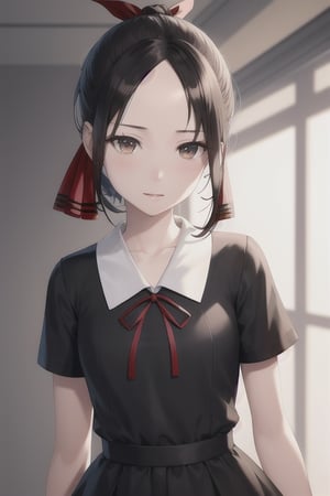 beutiful woman, shinomiya kaguya, folded ponytail, forehead, hair ribbon, brown eyes, (red ribbon), ribbon, short hair, small breast ,black dress, dress, pinafore dress, school uniform, shirt, short sleeves, shuuchiin academy school uniform, white shirt, looking at viewer, best quality, high resolution, unity 8k wallpaper, illustration, beautiful detailed eyes, extremely detailed face, perfect lighting, extremely detailed CG, perfect hands, perfect anatomy,folded ponytail, high_school_girl, mai, 1girl, face 