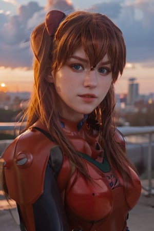 (bust shot photo of shirogane), 8K, blue eyes, city in ruins background, sunset, asuka cosplay, rofessional photo, photo, photorealism, modelshoot style, red plugsuit, bokeh