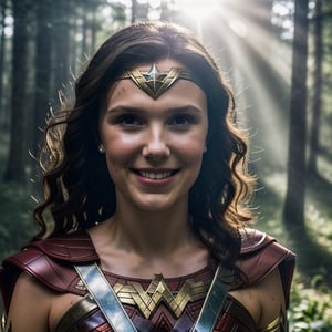 Millie Bobby Brown, wonder woman costume, (detailed face and eyes), (medium shot), best quality, masterpiece, upper body, sun light, floating light particles, centered, surrounding by fog, in the dark forest, (light smile)