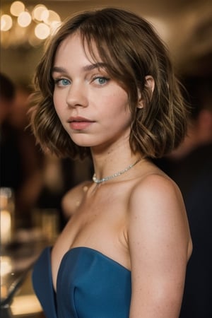 (((a full body shot photo of ememyers))), brown short hair, highlight hair, blue dress, cleveage,  nightclub background, looking at the camera, dslr, ultra quality, sharp focus, tack sharp, 8K UHD, high detailed skin