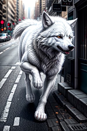 a white wolf running the streets, looking into the camera, masterpiece, high quality, high definition, 8K, super detailed