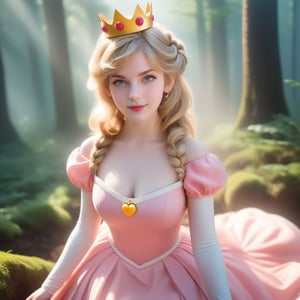 best quality, masterpiece, upper body, sun light, (bust shot), realístic, highly detailed face and eyes, 
(adult:1.6) Princess peach dress, crown, (smirk:0.4), braided golden hair, floating light particles, centered, surrounding by fog, in the dark forest,ellafreya,