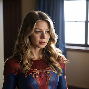 cowboy shot of Melissa Benoist, sks woman, red and blue spiderman costume, (looking at the viewer), bright colours, blonde long hair, athletic body, hotel room background, bokeh, soft shadows, (midnight)