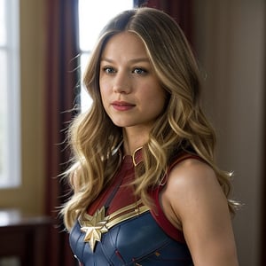 full body shot of Melissa Benoist, sks woman, captain marvel, (looking at the viewer), bright colours, blonde long hair, athletic body, hotel room background, bokeh, soft shadows, (midnight), sleeveless