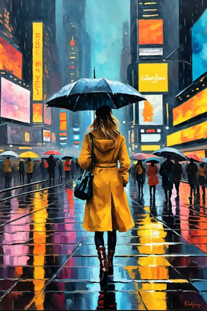 ellafreya in anime Times Square on a rainy night, oil painting, in the style of Claude Monet, Impressionism, thick brush strokes, vivid colors, breathtaking, masterpiece, trending on ArtStation