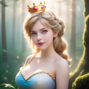 best quality, masterpiece, upper body, sun light, (bust shot), realístic, highly detailed face and eyes, 
(adult:1.6) Princess peach dress, crown, (smirk:0.4), braided golden hair, floating light particles, centered, surrounding by fog, in the dark forest,ellafreya,