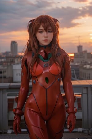 (medium shot photo of shirogane), 8K, blue eyes, city in ruins background, sunset, asuka cosplay, rofessional photo, photo, photorealism, modelshoot style, red plugsuit, bokeh, perfect hands