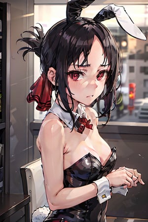 (playboy bunny:1.2), shinomiya_kaguya, red_ribbon, black_hair, folded_ponytail, hair_ribbon, deep red eyess, bangs, black_dress, eyebrows_visible_through_hair, sidelocks, bare forehead, expressionless, sitting, caustics, upper body