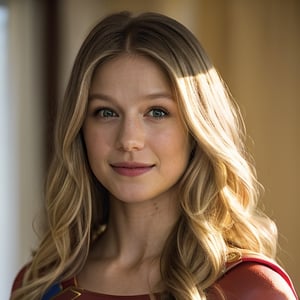 medium shot of Melissa Benoist, sks woman, supergirl, (looking at the viewer), bright colours, blonde long hair, athletic body, hotel room background, bokeh, soft shadows, (golden hour)