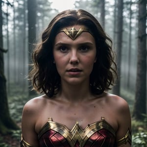 Millie Bobby Brown, wonder woman costume, (detailed face and eyes), (medium shot), best quality, masterpiece, upper body, sun light, floating light particles, centered, surrounding by fog, in the dark forest,
