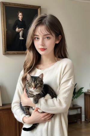 (masterpiece,  highest quality),  (realistic,  photo_realistic:1.9), ((full body: 1.5)), holding a cat, staring into the camera. natural light,  hyper realistic photography, ellafreya