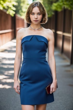 (((a full body shot photo of ememyers))), brown short hair, highlight hair, blue dress, cleveage,  looking at the camera, dslr, ultra quality, sharp focus, tack sharp, 8K UHD, high detailed skin