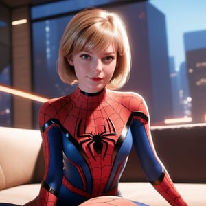 (Extreme Detail CG Unity 8K wallpaper, masterpiece, highest quality), (Exquisite lighting and shadow, highly dramatic picture, Cinematic lens effect), a girl in a sexy Spider-Man costume, blonde hair color, from the Spider-Man parallel universe, Marvel, Spider-Man, sitting on the couch, dynamic pose), (excellent detail, excellent lighting, wide angle), (excellent rendering), focus on Spider-Man costume, complex spider textures, ellafreya