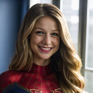 2/3 shot of Melissa Benoist, sks woman, spiderman costume, (looking at the viewer), bright colours, blonde long hair, athletic body, hotel room background, bokeh, soft shadows, (midnight)