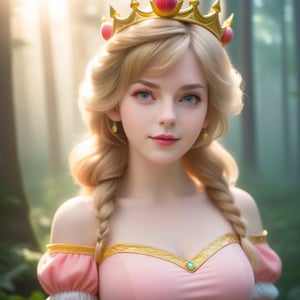 best quality, masterpiece, upper body, sun light, ((close-up shot)), realístic, highly detailed face and eyes, 
(adult:1.6) Princess peach dress, crown, (smirk:0.4), braided golden hair, floating light particles, centered, surrounding by fog, in the dark forest,ellafreya,