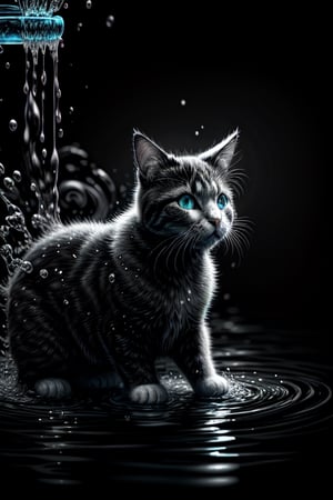 black and white cat controlling the water, masterpiece, high quality, high definition, 8K, super detailed. neon illumination, soft light