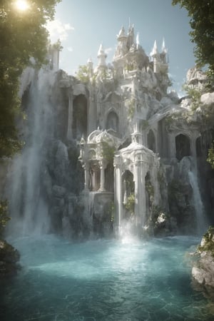 3d_render,realistic,real.palace,elf,magical,epic,waterfall,water,elven,palace,castle,white,3d_art,3d