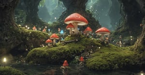 magical world, magical beings, fireflies, mushrooms, moss, water, epic, 3d, 3d render,3l3ctronics,aw0k geometry, Elves, gnomes, Elves.,Epic Caves,bonsai, colors,  colorful mushroom, elf, forest beings.