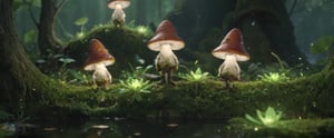 magical world, magical beings, fireflies, mushrooms, moss, water, epic, 3d, 3d render,3l3ctronics,aw0k geometry, Elves, gnomes, Elves.