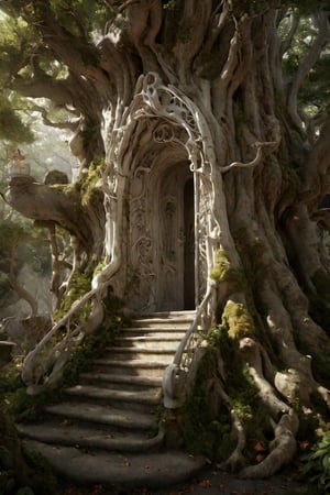 3d_render,realistic,real,elf,magical,epic,elven,3d_art,3d,kitakoumae,6000,forest, giant tree, tree with door,mushroomfantasy,marble staircase, white marble staircase, tree door staircase