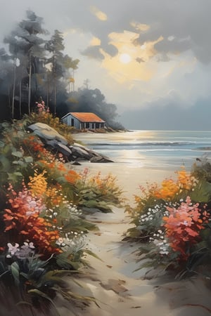 oil painting artwork, scenery, forest, beach, sunrise, cloudy, cinematic color grading, cinematic light, masterpiece, ultra detail, perfect, cabin, flowers (innocent grey)