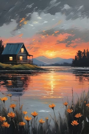 oil painting artwork, standing in front of the lake, looking at the sky, shooting stars, sunset, cloudy, cinematic color grading, cinematic light, masterpiece, ultra detail, perfect, cabin, flowers (innocent grey)
