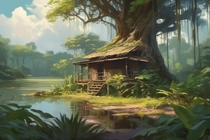oil painting artwork, scenery, a cabin in the jungle, with a swamp around, big tree, leaves, Shrub, cloudy sky, sun beam, cinematic light, cinematic angle, pastel tone, Ghibli style.