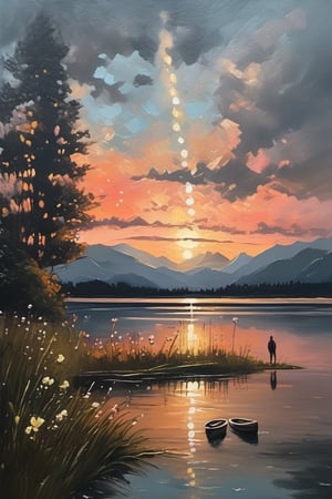 oil painting artwork, standing in front of the lake, looking at the sky, shooting stars, sunset, cloudy, cinematic color grading, cinematic light, masterpiece, ultra detail, perfect, cabin, flowers (innocent grey)