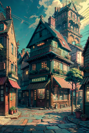 masterpiece, best quality,small cafe, victorian era, from inside view, viewer looking outside the glass, detail interior,beautiful street, detail perspective, 2 point perspective, day time, local shops, Studio Ghibli, Makoto Shinkai anime style, victiorian era building, with stone street, stone stair, green doors, cinematic light, medieval,