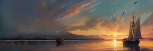 oil painting artwork, standing in front of the lake, looking at the sky, shooting stars, sunset, cloudy, cinematic color grading, cinematic light, masterpiece, ultra detail, perfect, ship,
