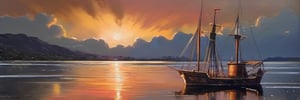 oil painting artwork, standing in front of the lake, looking at the sky, shooting stars, sunset, cloudy, cinematic color grading, cinematic light, masterpiece, ultra detail, perfect, ship,