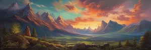 oil painting artwork, mountains, looking at the sky, shooting stars, sunset, cloudy, cinematic color grading, cinematic light, masterpiece, ultra detail, perfect, ancient ruin, forest. aurora