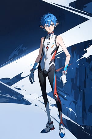 skinny boy, thin boy, teeny, (very skinny:1.5), young boy, elf, slim waist, in triathlon suit, evangelion like, cyberpunk background, bionic hand, masterpiece, best quality, highly detailed beautiful face, full_body, slim waist, teeny, very skinny, teenager, solo_male,nanase_haruka,evangelion mecha