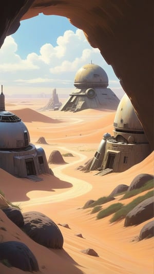 ​a desert landscape on Tatooine, masterpiece, bright light, Studio Ghibli style, StdGBRedmAF