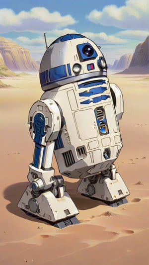 a close-up of the character R2-D2, masterpiece, bright light (perfect face, detailed face), 1robot, a background in a desert, anime, Studio Ghibli style, StdGBRedmAF