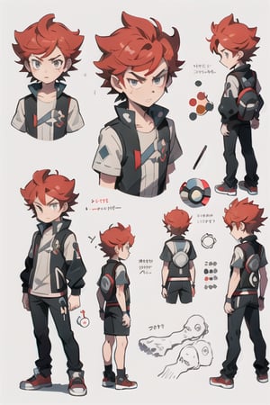 (design graphic), boy, angry, gray hair, bottom to up, full body, masterpiece, color pieces, sketchbook, dark, teen style, sketch style, playful style, character sheet, mysterious, bright vector, white background,red \(pokemon\)