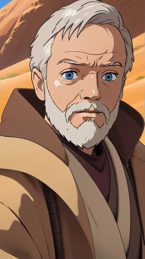 a close-up of the character Obi-Wan Kenobi, with a white beard, wearing a brown coat, masterpiece, bright light (perfect face, detailed face), 1man, a background in a desert, Studio Ghibli style, StdGBRedmAF