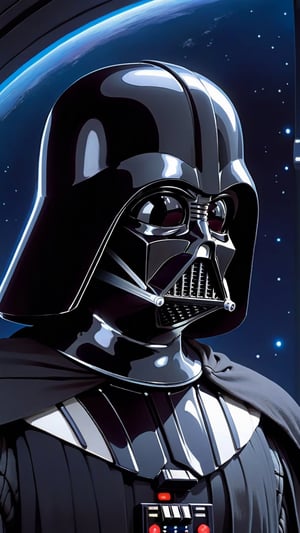 a close-up of the character darth vader, no eyes, masterpiece, bright light (perfect face, detailed face), 1man, a background a spaceship, Studio Ghibli style, StdGBRedmAF