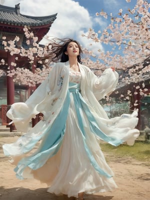 1girl, solo, hair ornament, bug, braid, jewelry, long hair, white hair, flower, earrings, long sleeves, dress, cloud of surrounding, building from afar, 
white dress wedding, plunging v dress, dress with a waist high slit, ((see-through dress)), daxiushan nude,
ornament, chakra, (( beautiful eyes )), full_body, small flowers in the hair, (((korean face female))),
,mythical clouds, realistic, ,xxmixgirl,3d figure,korean girl,3d style,
cinematic film still (Raw Photo:1.3) of (Ultrarealistic:1.3), different posture, up arms, ((arms up)), rainbow, in old used 1800 peasant clothing, crazy mad aggressive face and eyes, fantasy, concept art,NYFlowerGirl, arms up, tropical rain, jump up, hands touch softly you face, close up, Small cherry blossoms flew everywhere, the wind blew away the girl's clothes,